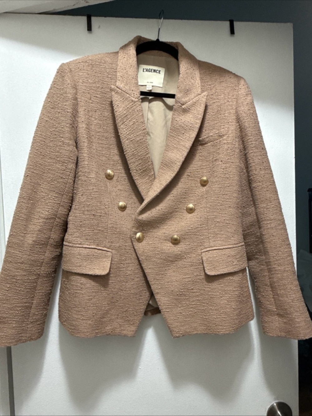 L'AGENCE Kenzie Double Breasted Bouclé Blazer Cappuccino Tan